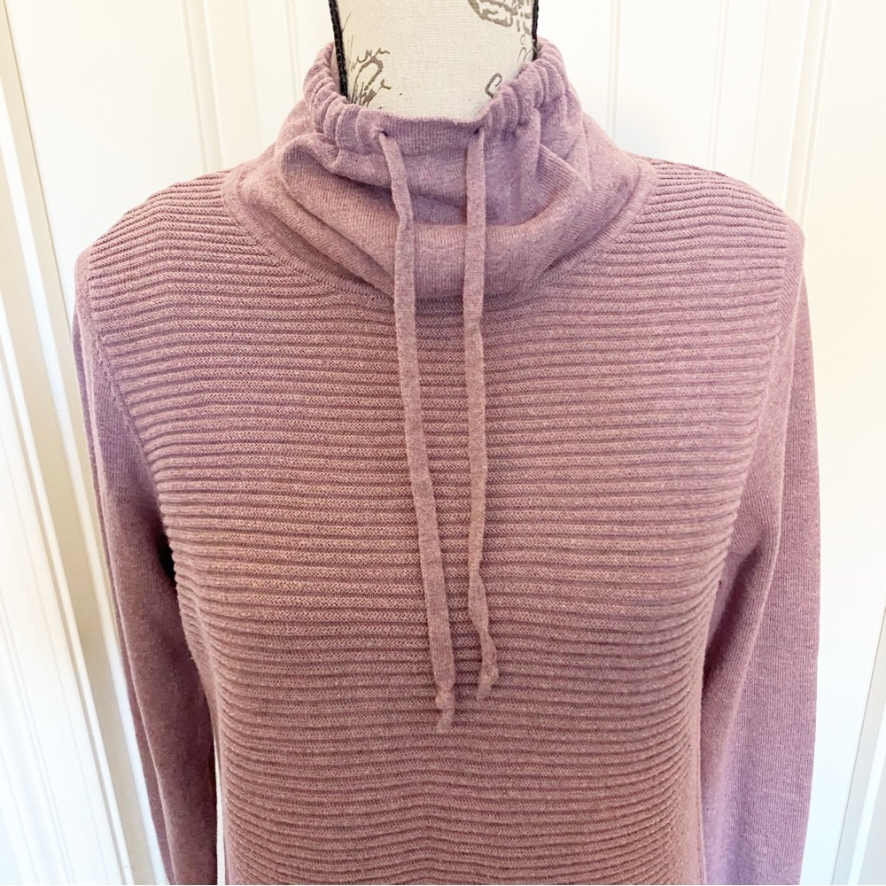 Women's Ribbed Turtleneck Sweater - Purple with Drawstrings And Thumb Holes
